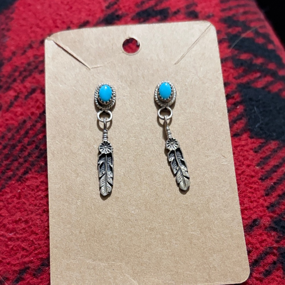 Silver Feather Earrings with Turquoise Accent